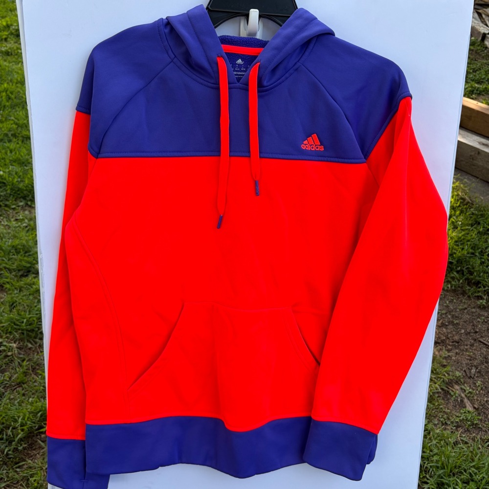 Adidas Climawarm Hoodie Womens Large Red Purple Colorblock Fleece Sweatshirt